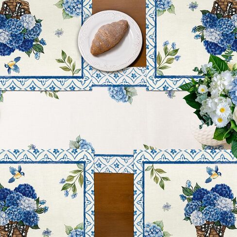 Spring Summer Blue Hydrangea Table Runner Elegant Birds Burlap Table Runners, Basket of Flowers Seasonal Coffee Table Center Decor for Home Kitchen Dining Party Indoor Outdoor 13x72 Inch in Saudi Arabia
