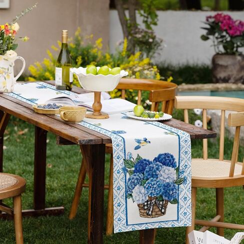 Spring Summer Blue Hydrangea Table Runner Elegant Birds Burlap Table Runners, Basket of Flowers Seasonal Coffee Table Center Decor for Home Kitchen Dining Party Indoor Outdoor 13x72 Inch in Saudi Arabia