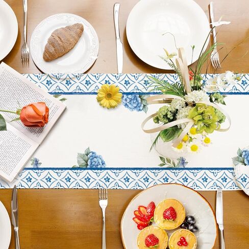 Spring Summer Blue Hydrangea Table Runner Elegant Birds Burlap Table Runners, Basket of Flowers Seasonal Coffee Table Center Decor for Home Kitchen Dining Party Indoor Outdoor 13x72 Inch in Saudi Arabia