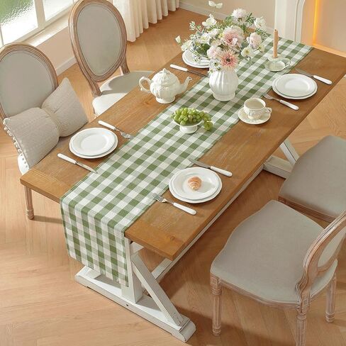 Laolitou Spring Green Checkered Table Runner, Cotton Linen Gingham Table Runners, Classic Buffalo Plaid Farmhouse Table Decor, 13x72 Inches in Saudi Arabia