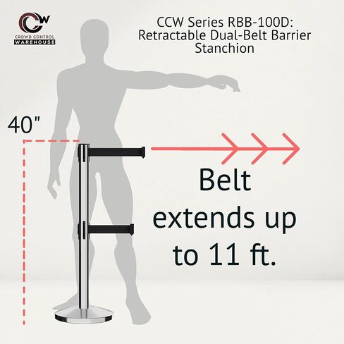 مجموعة Crowd Control Warehouse CCW Series RBB-100D مكونة من 2 حواجز حزام قابلة للسحب - قاعدة مائلة، حزام 11 قدم، أسود مع حزام مزدوج شريطي أفقي أبيض مع عمود مصقول من الفولاذ المقاوم للصدأ in Saudi Arabia