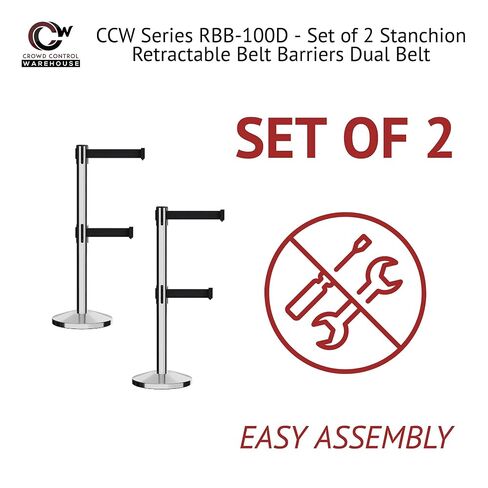 مجموعة Crowd Control Warehouse CCW Series RBB-100D مكونة من 2 حواجز حزام قابلة للسحب - قاعدة مائلة، حزام 11 قدم، أسود مع حزام مزدوج شريطي أفقي أبيض مع عمود مصقول من الفولاذ المقاوم للصدأ in Saudi Arabia