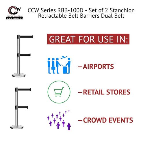 مجموعة Crowd Control Warehouse CCW Series RBB-100D مكونة من 2 حواجز حزام قابلة للسحب - قاعدة مائلة، حزام 11 قدم، أسود مع حزام مزدوج شريطي أفقي أبيض مع عمود مصقول من الفولاذ المقاوم للصدأ in Saudi Arabia