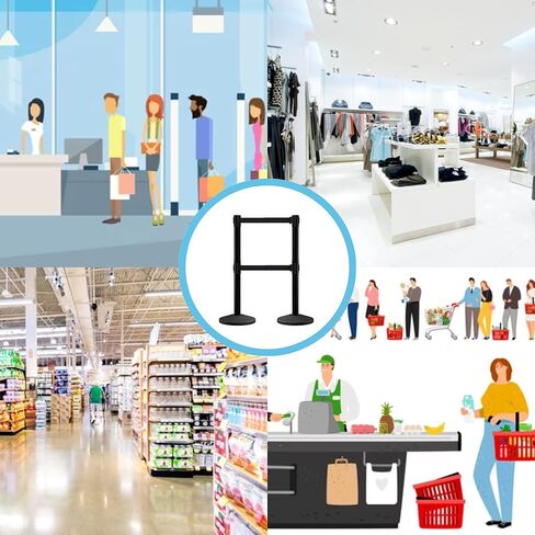 مجموعة Crowd Control Warehouse CCW Series RBB-100D مكونة من 2 حواجز حزام قابلة للسحب - قاعدة مائلة، حزام 11 قدم، أسود مع حزام مزدوج شريطي أفقي أبيض مع عمود مصقول من الفولاذ المقاوم للصدأ in Saudi Arabia