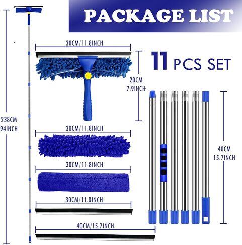 Window Cleaner Squeegee Kit - 2.38M (94inch) Cleaning Equipment with Long Handle 3 in 1 Extendable Window Cleaning Tool for High Windows, Glass, Home, Wall and Car in Saudi Arabia