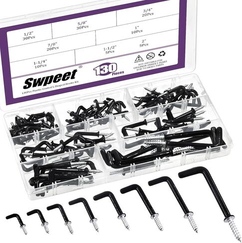 130 قطعة من Swpeet 8 مقاسات 1/2 بوصة 5/8 بوصة 3/4 بوصة 7/8 بوصة 1 بوصة 1-1/4 بوصة 1-1/2 بوصة 2 بوصة مجموعة متنوعة من الخطافات المطلية بالفينيل الأبيض على شكل حرف L، خطافات لولبية، خطافات على شكل حرف L بزاوية يمين، 7 براغي ذاتية التنصت للتعليق in Saudi Arabia