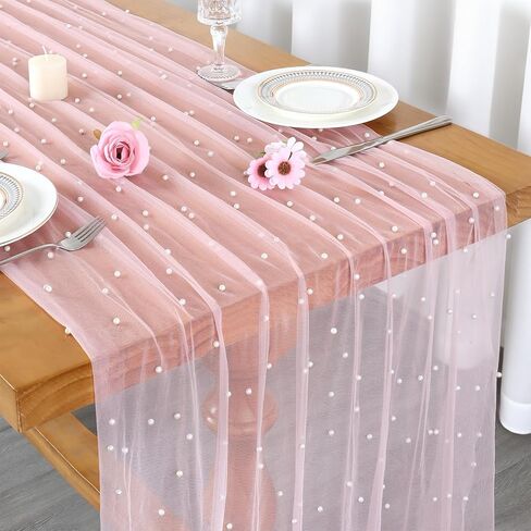 10FT Pearl Gauze Table Runner Pink Boho Rustic Lace Sheer Table Runners for Bridal Shower Wedding Birthday Arch Veil Dessert Desk Decorations (Pink, 1PCS) in Saudi Arabia