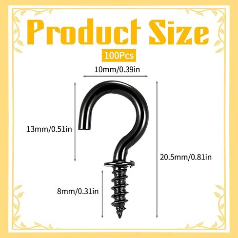 ElevateTech Small Screw Hooks, 100 Pcs 1/2 Inch Metal Screw-in Cup Hooks Black Ceiling Hook Mini Twist-in Hook for Jewelry Crafts Keys Caps Cups Light Decor, Indoor & Outdoor Use in Saudi Arabia