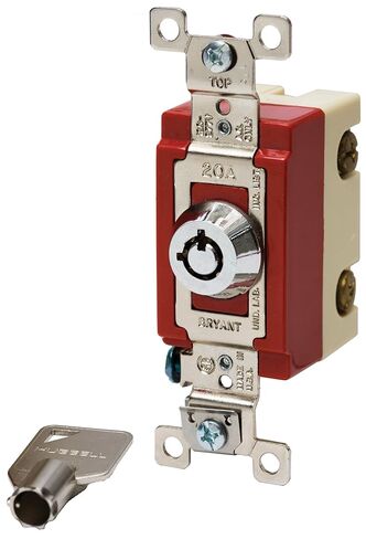 Bryant Electric 4901RKL مفتاح نوع القفل، مفتاح برميل، قطب واحد، درجة المواصفات الصناعية، سلك خلفي وجانبي، 20 أمبير، 120/277 فولت، فولاذ مقاوم للصدأ in Kuwait