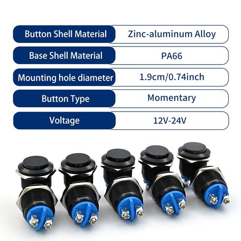 19mm Momentary Push Button Switch, 5PCS Waterproof Marine Horn Button with Nickel Plated Brass Terminals, SPST 12V 24V Black Metal Shell for Car Boat Truck ATV UTV in Saudi Arabia