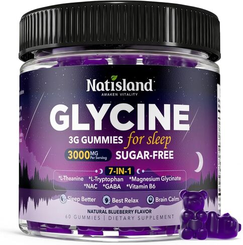 Glycine Gummies for Sleep, Glycine 3g Supplements with NAC, Magnesium Glycinate, L-Theanine, GABA, L Tryptophan, B6 for Relax, Nerve & Brain, Melatonin Free, Sugar Free, Vegan, Blueberry Flavor, 60 Ct in Saudi Arabia
