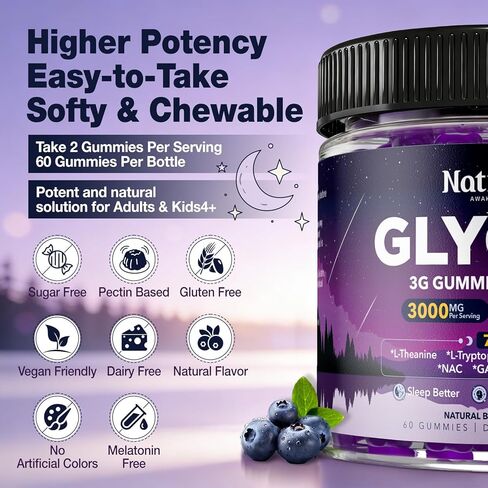 Glycine Gummies for Sleep, Glycine 3g Supplements with NAC, Magnesium Glycinate, L-Theanine, GABA, L Tryptophan, B6 for Relax, Nerve & Brain, Melatonin Free, Sugar Free, Vegan, Blueberry Flavor, 60 Ct in Saudi Arabia