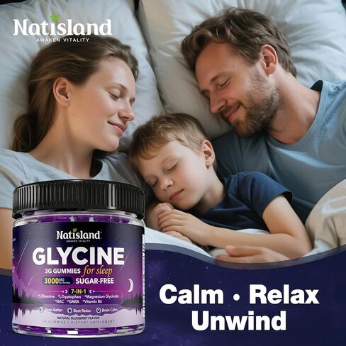 Glycine Gummies for Sleep, Glycine 3g Supplements with NAC, Magnesium Glycinate, L-Theanine, GABA, L Tryptophan, B6 for Relax, Nerve & Brain, Melatonin Free, Sugar Free, Vegan, Blueberry Flavor, 60 Ct in Saudi Arabia