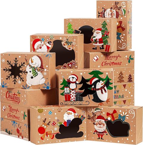 JOYIN 12PCS Christmas Cookie Boxes for Gift Giving, 8.75" x 5.75" x 2.75" Xmas Holiday Bakery Treat Boxes with Window, Kraft Cookie Tin Container Box for Baked Goods, Cupcake, Pastry, Candy, Doughnut in Saudi Arabia
