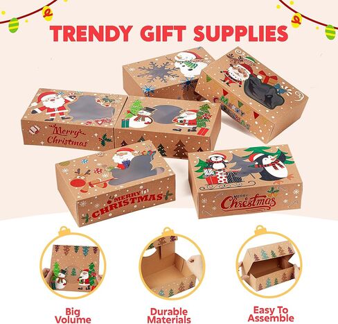 JOYIN 12PCS Christmas Cookie Boxes for Gift Giving, 8.75" x 5.75" x 2.75" Xmas Holiday Bakery Treat Boxes with Window, Kraft Cookie Tin Container Box for Baked Goods, Cupcake, Pastry, Candy, Doughnut in Saudi Arabia