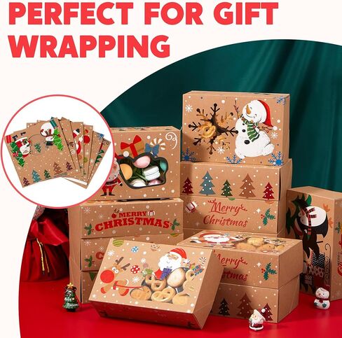 JOYIN 12PCS Christmas Cookie Boxes for Gift Giving, 8.75" x 5.75" x 2.75" Xmas Holiday Bakery Treat Boxes with Window, Kraft Cookie Tin Container Box for Baked Goods, Cupcake, Pastry, Candy, Doughnut in Saudi Arabia
