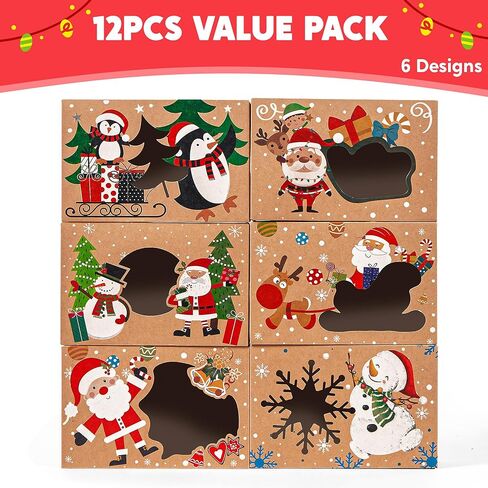 JOYIN 12PCS Christmas Cookie Boxes for Gift Giving, 8.75" x 5.75" x 2.75" Xmas Holiday Bakery Treat Boxes with Window, Kraft Cookie Tin Container Box for Baked Goods, Cupcake, Pastry, Candy, Doughnut in Saudi Arabia