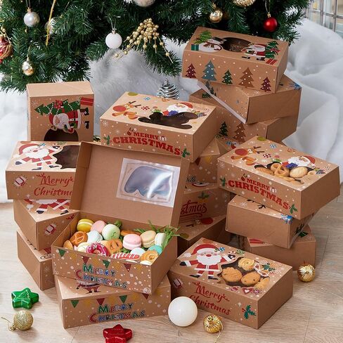 JOYIN 12PCS Christmas Cookie Boxes for Gift Giving, 8.75" x 5.75" x 2.75" Xmas Holiday Bakery Treat Boxes with Window, Kraft Cookie Tin Container Box for Baked Goods, Cupcake, Pastry, Candy, Doughnut in Saudi Arabia