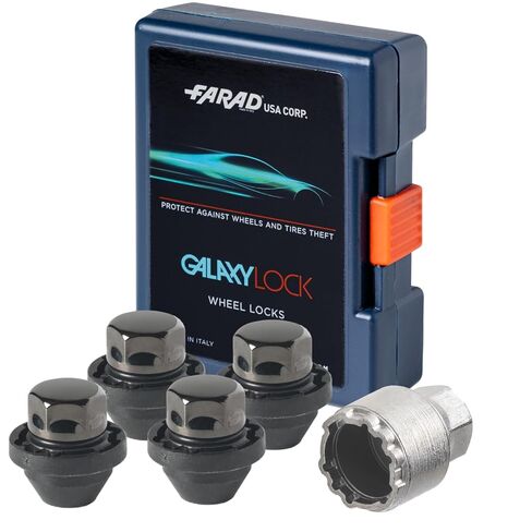 مجموعة أقفال العجلات Farad GalaxyLock DCH7/MX باللون الأسود المطلية بالكروم مناسبة لسيارة Ford Edge (حجم الخيط M14 X 1.5) - مجموعة من 4 صواميل + مفتاح واحد in Kuwait