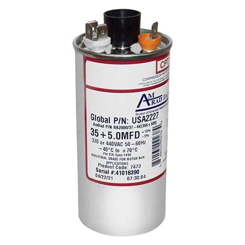 Payne HC98KA036D - 35 + 5 uf/Mfd 370/440 VAC AmRad Replacement Round Dual Universal Capacitor - Made in The U.S.A. in Saudi Arabia