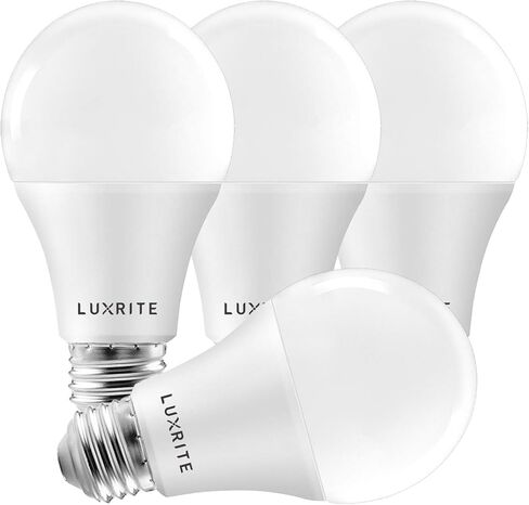 مصابيح LED LUXRITE A19 بقدرة 100 وات قابلة للتعتيم، 5000 كلفن أبيض ساطع، 1600 لومن، تصنيف تركيبات مغلقة، مصابيح LED قياسية 15 وات، نجمة الطاقة، قاعدة متوسطة E26 - داخلي وخارجي (4 عبوات) in Saudi Arabia