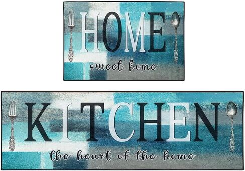 Turquoise Teal Kitchen Rugs and Mats Non Skid Washable Set of 2, Brown Wooden Vintage Farmhouse Floor Mats, Sweet Heart Home Runner Rug, Rustic Kitchen Decor in Saudi Arabia