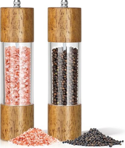 2-Pack Wooden Salt and Pepper Grinder Set - 8 Inch Manual Adjustable Ceramic Grinding, Refillable Acrylic Salt and Pepper Grinder Set, Custom Coarse to Fine Settings, for Home Dining & Gifts in Saudi Arabia