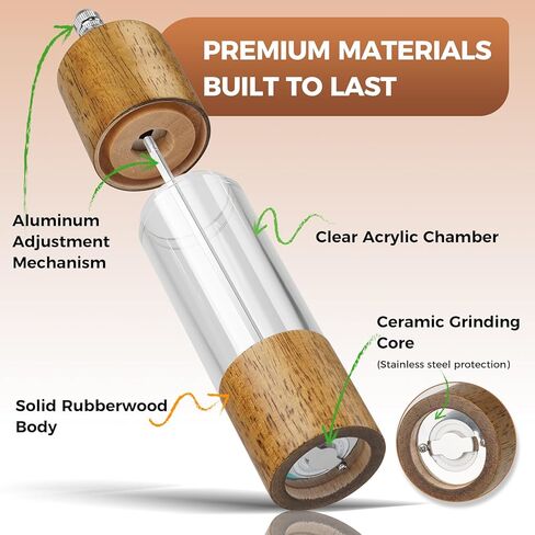2-Pack Wooden Salt and Pepper Grinder Set - 8 Inch Manual Adjustable Ceramic Grinding, Refillable Acrylic Salt and Pepper Grinder Set, Custom Coarse to Fine Settings, for Home Dining & Gifts in Saudi Arabia