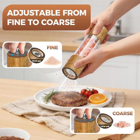 2-Pack Wooden Salt and Pepper Grinder Set - 8 Inch Manual Adjustable Ceramic Grinding, Refillable Acrylic Salt and Pepper Grinder Set, Custom Coarse to Fine Settings, for Home Dining & Gifts in Saudi Arabia