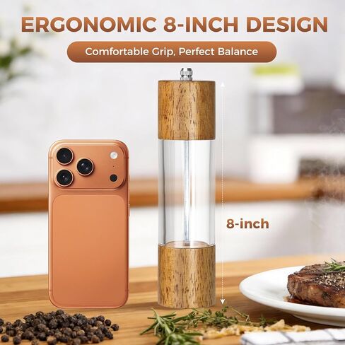 2-Pack Wooden Salt and Pepper Grinder Set - 8 Inch Manual Adjustable Ceramic Grinding, Refillable Acrylic Salt and Pepper Grinder Set, Custom Coarse to Fine Settings, for Home Dining & Gifts in Saudi Arabia
