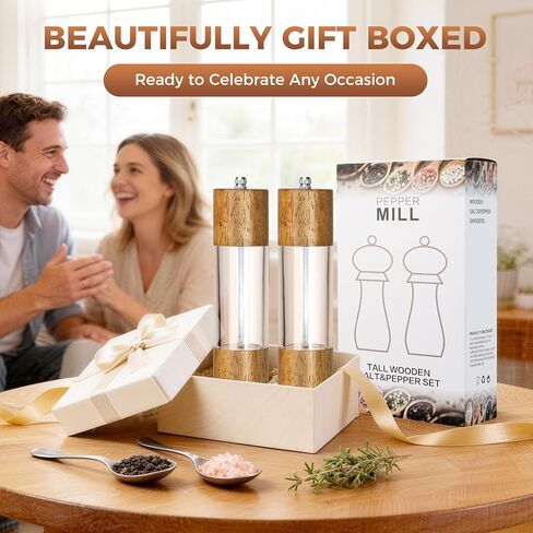 2-Pack Wooden Salt and Pepper Grinder Set - 8 Inch Manual Adjustable Ceramic Grinding, Refillable Acrylic Salt and Pepper Grinder Set, Custom Coarse to Fine Settings, for Home Dining & Gifts in Saudi Arabia