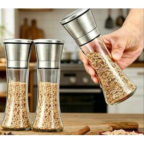مجموعة مطحنة ملح وفلفل زجاجية مكونة من 2 - مطاحن خشنة قابلة لإعادة التعبئة مع قلب من السيراميك، سعة كبيرة 190 مل، سطح من الفولاذ المقاوم للصدأ لطهي المطبخ والشواء in Kuwait
