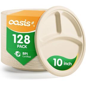𝟭𝟬 𝗶𝗻𝗰𝗵, 𝟭𝟮𝟴-𝗣𝗮𝗰𝗸 3-Compartment Disposable Paper Plates, Compostable Heavy-Duty Divided Plates for Meal Prep, School Lunches & Party Buffets (White) in Saudi Arabia