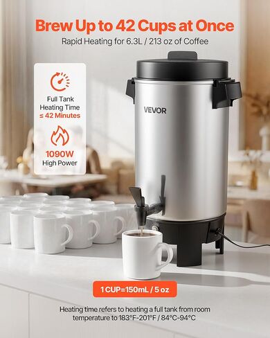 VEVOR Commercial Coffee Urn, 40 Cup 203oz Hot Beverage Dispenser with Dripless Faucet, 1090W Quick-Brewing Coffee Maker, Automatic Temperature Control, for Catering, Party, Church & Restaurant in Saudi Arabia