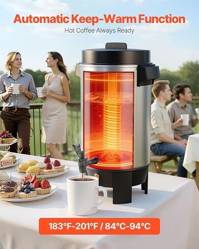 VEVOR Commercial Coffee Urn, 40 Cup 203oz Hot Beverage Dispenser with Dripless Faucet, 1090W Quick-Brewing Coffee Maker, Automatic Temperature Control, for Catering, Party, Church & Restaurant in Saudi Arabia