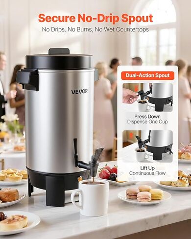 VEVOR Commercial Coffee Urn, 40 Cup 203oz Hot Beverage Dispenser with Dripless Faucet, 1090W Quick-Brewing Coffee Maker, Automatic Temperature Control, for Catering, Party, Church & Restaurant in Saudi Arabia