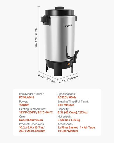 VEVOR Commercial Coffee Urn, 40 Cup 203oz Hot Beverage Dispenser with Dripless Faucet, 1090W Quick-Brewing Coffee Maker, Automatic Temperature Control, for Catering, Party, Church & Restaurant in Saudi Arabia