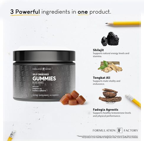 Formulation Factory Self Obsessed Shilajit Gummies for Men, Tongkat Ali + Fadogia Agrestis Supplement, Energy, Strength, Drive & Vitality Support, Natural Masculinity Formula, 60 Count (Pack of 1) in Saudi Arabia