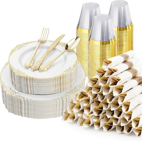 Bestluck 350PCS Gold Plastic Plates for 50 Guests, Disposable Dinnerware Sets Include 100 Gold Rim Plastic Plates, 50 Silverwares, 50 Cups, and 50 Pre Rolled Napkins for Party, Wedding, Graduation in Saudi Arabia