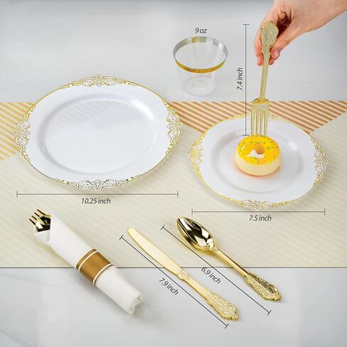 Bestluck 350PCS Gold Plastic Plates for 50 Guests, Disposable Dinnerware Sets Include 100 Gold Rim Plastic Plates, 50 Silverwares, 50 Cups, and 50 Pre Rolled Napkins for Party, Wedding, Graduation in Saudi Arabia