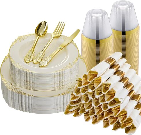 Bestluck 350PCS Gold Plastic Plates for 50 Guests, Disposable Dinnerware Sets Include 100 Gold Rim Plastic Plates, 50 Silverwares, 50 Cups, and 50 Pre Rolled Napkins for Party, Wedding, Graduation in Saudi Arabia