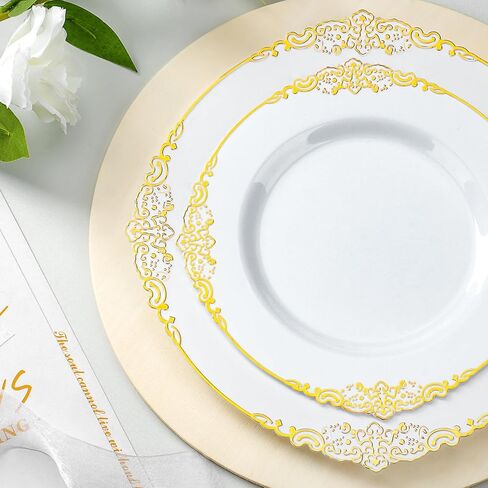 Bestluck 350PCS Gold Plastic Plates for 50 Guests, Disposable Dinnerware Sets Include 100 Gold Rim Plastic Plates, 50 Silverwares, 50 Cups, and 50 Pre Rolled Napkins for Party, Wedding, Graduation in Saudi Arabia