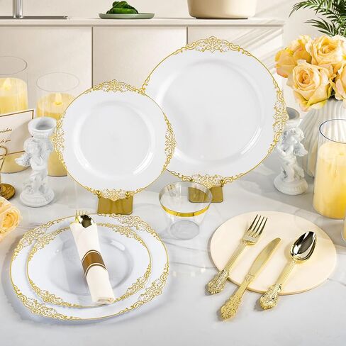 Bestluck 350PCS Gold Plastic Plates for 50 Guests, Disposable Dinnerware Sets Include 100 Gold Rim Plastic Plates, 50 Silverwares, 50 Cups, and 50 Pre Rolled Napkins for Party, Wedding, Graduation in Saudi Arabia