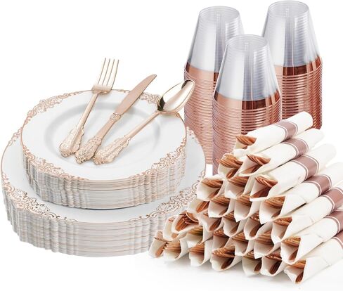 Bestluck 350PCS Gold Plastic Plates for 50 Guests, Disposable Dinnerware Sets Include 100 Gold Rim Plastic Plates, 50 Silverwares, 50 Cups, and 50 Pre Rolled Napkins for Party, Wedding, Graduation in Saudi Arabia