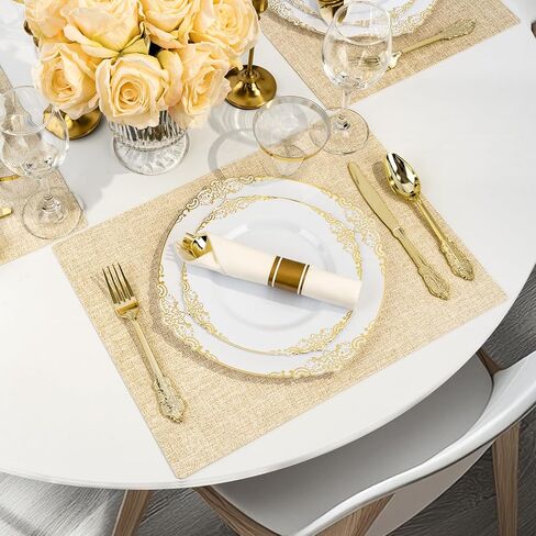 Bestluck 350PCS Gold Plastic Plates for 50 Guests, Disposable Dinnerware Sets Include 100 Gold Rim Plastic Plates, 50 Silverwares, 50 Cups, and 50 Pre Rolled Napkins for Party, Wedding, Graduation in Saudi Arabia