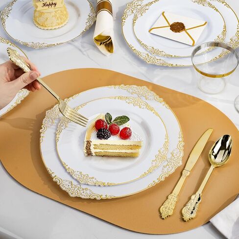 Bestluck 350PCS Gold Plastic Plates for 50 Guests, Disposable Dinnerware Sets Include 100 Gold Rim Plastic Plates, 50 Silverwares, 50 Cups, and 50 Pre Rolled Napkins for Party, Wedding, Graduation in Saudi Arabia
