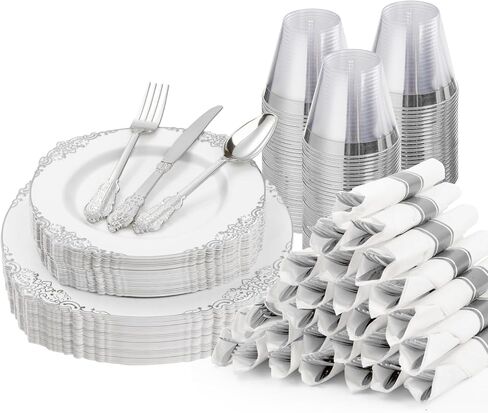 Bestluck 350PCS Gold Plastic Plates for 50 Guests, Disposable Dinnerware Sets Include 100 Gold Rim Plastic Plates, 50 Silverwares, 50 Cups, and 50 Pre Rolled Napkins for Party, Wedding, Graduation in Saudi Arabia