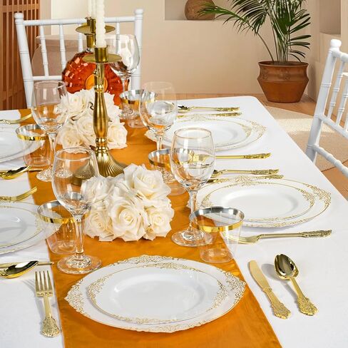 Bestluck 350PCS Gold Plastic Plates for 50 Guests, Disposable Dinnerware Sets Include 100 Gold Rim Plastic Plates, 50 Silverwares, 50 Cups, and 50 Pre Rolled Napkins for Party, Wedding, Graduation in Saudi Arabia