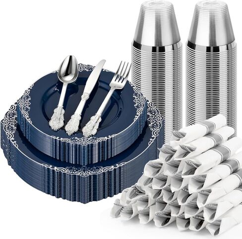 Bestluck 350PCS Gold Plastic Plates for 50 Guests, Disposable Dinnerware Sets Include 100 Gold Rim Plastic Plates, 50 Silverwares, 50 Cups, and 50 Pre Rolled Napkins for Party, Wedding, Graduation in Saudi Arabia