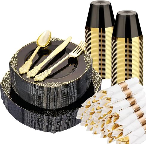 Bestluck 350PCS Gold Plastic Plates for 50 Guests, Disposable Dinnerware Sets Include 100 Gold Rim Plastic Plates, 50 Silverwares, 50 Cups, and 50 Pre Rolled Napkins for Party, Wedding, Graduation in Saudi Arabia
